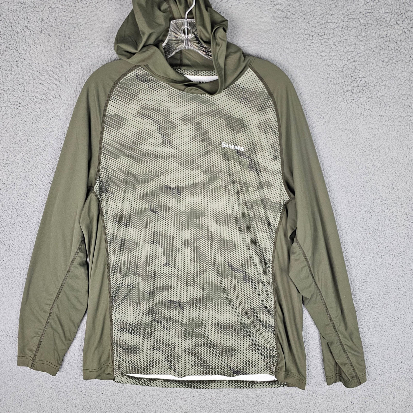 Simms Hoodie Mens Large Green Solarflex Fishing Shirt Camo Long Sleeve Upf Sun